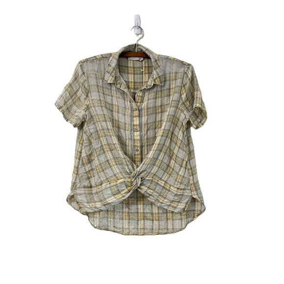 Paper Crane Womens Gray Yellow Plaid Twist Front Hi Lo Shirt Blouse Size Small - Picture 1 of 4